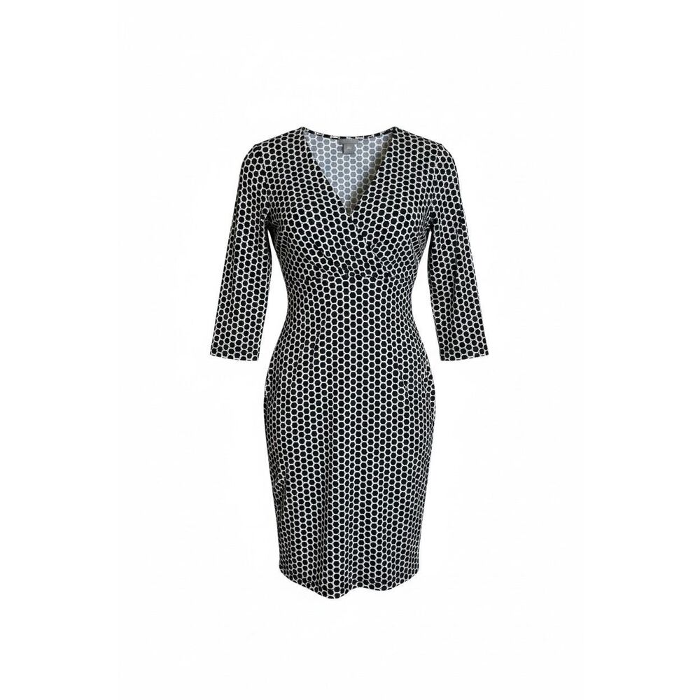 Ann Taylor Geometric Surplice 3/4 Sleeve Mini Dress Black White Petite Size 4P